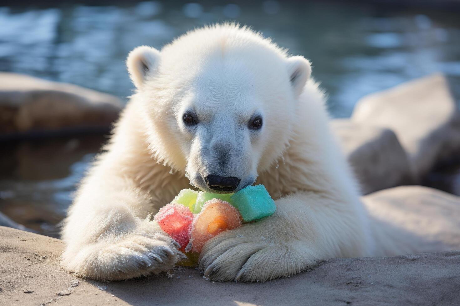 Cute polar bear playing with colorful ice cubes photo