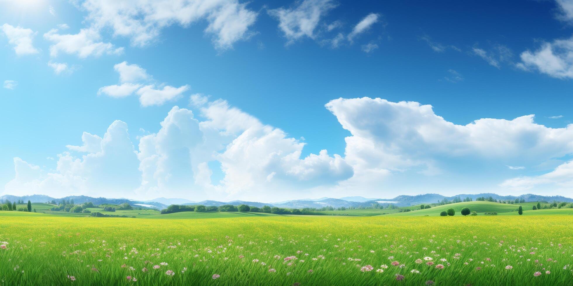 Idyllic countryside landscape with green fields and blue sky photo