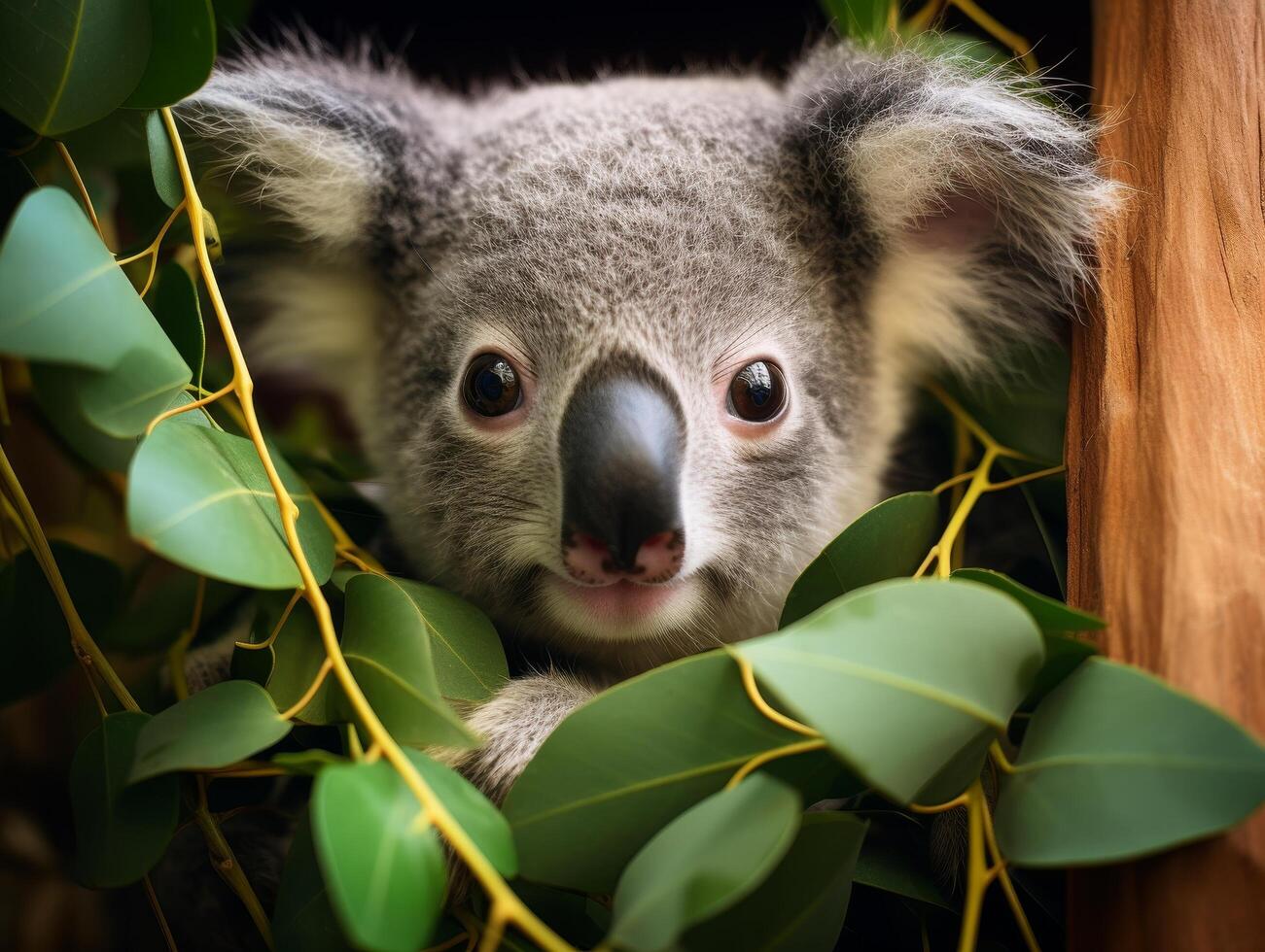 Curious koala peeking through leaves photo