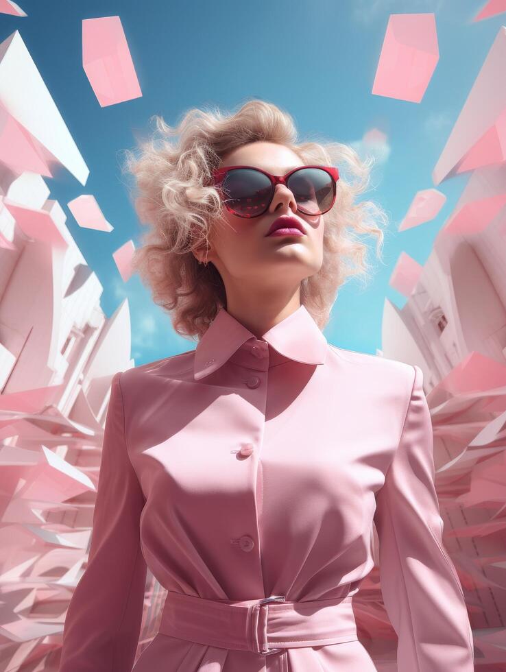 Fashionable woman in pink coat and sunglasses photo