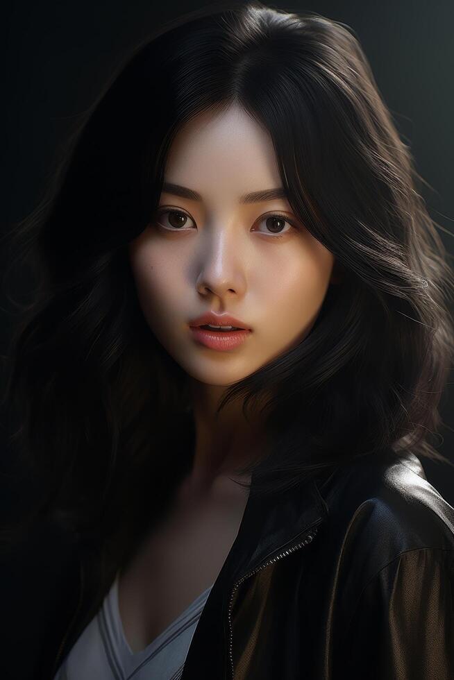 Mysterious asian woman in dark clothing photo