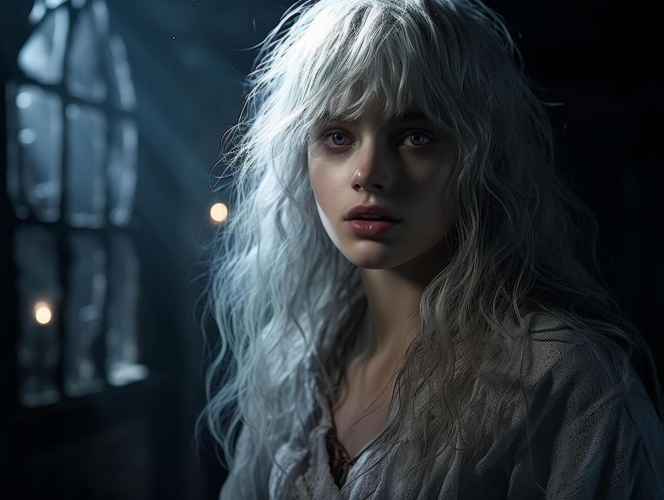 Mysterious woman with long white hair in dark setting photo