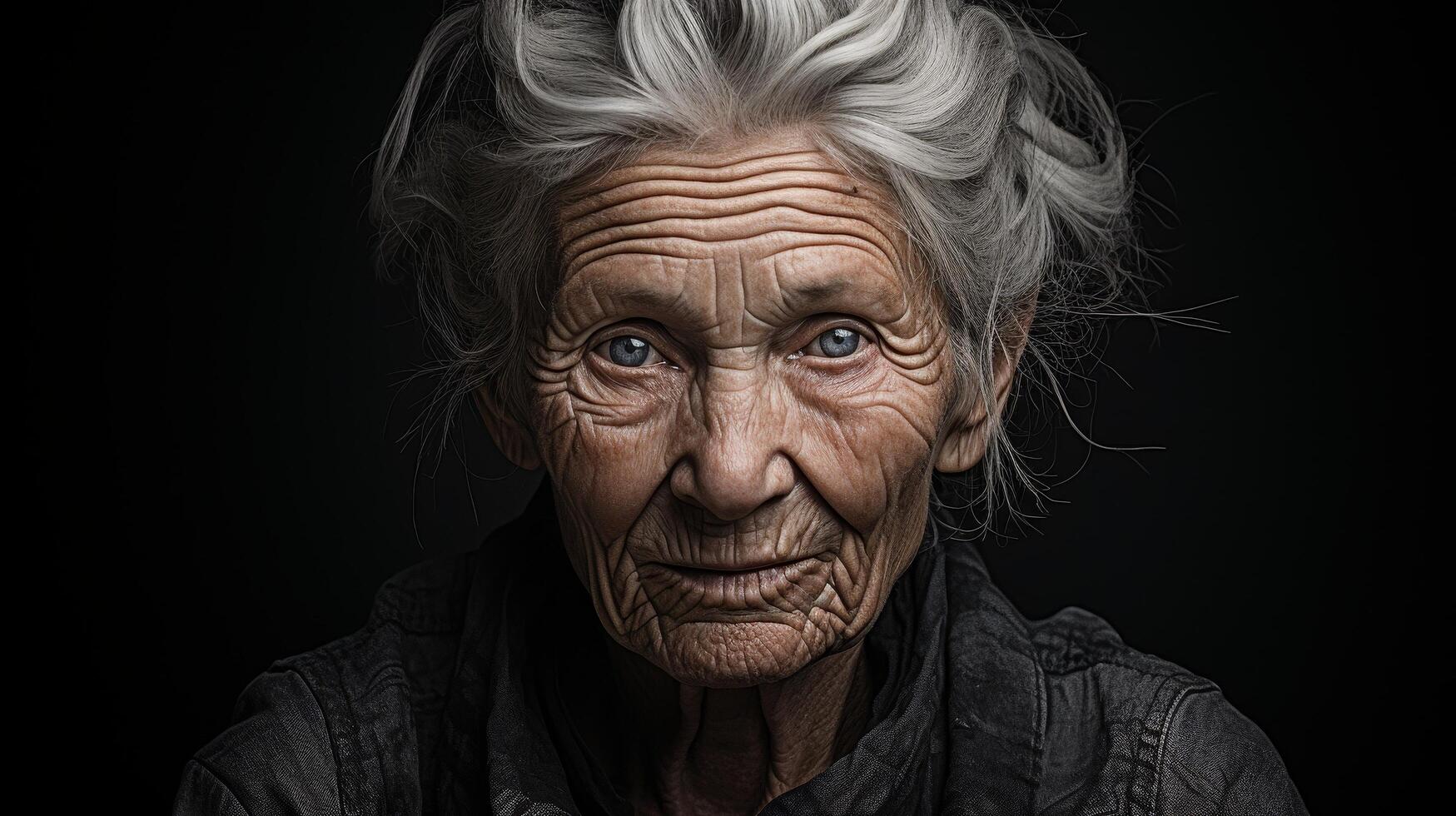 Weathered face of elderly person with striking eyes photo