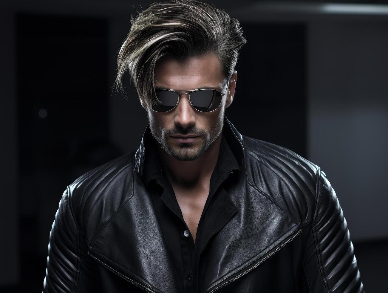 stylish man in black leather jacket and sunglasses photo