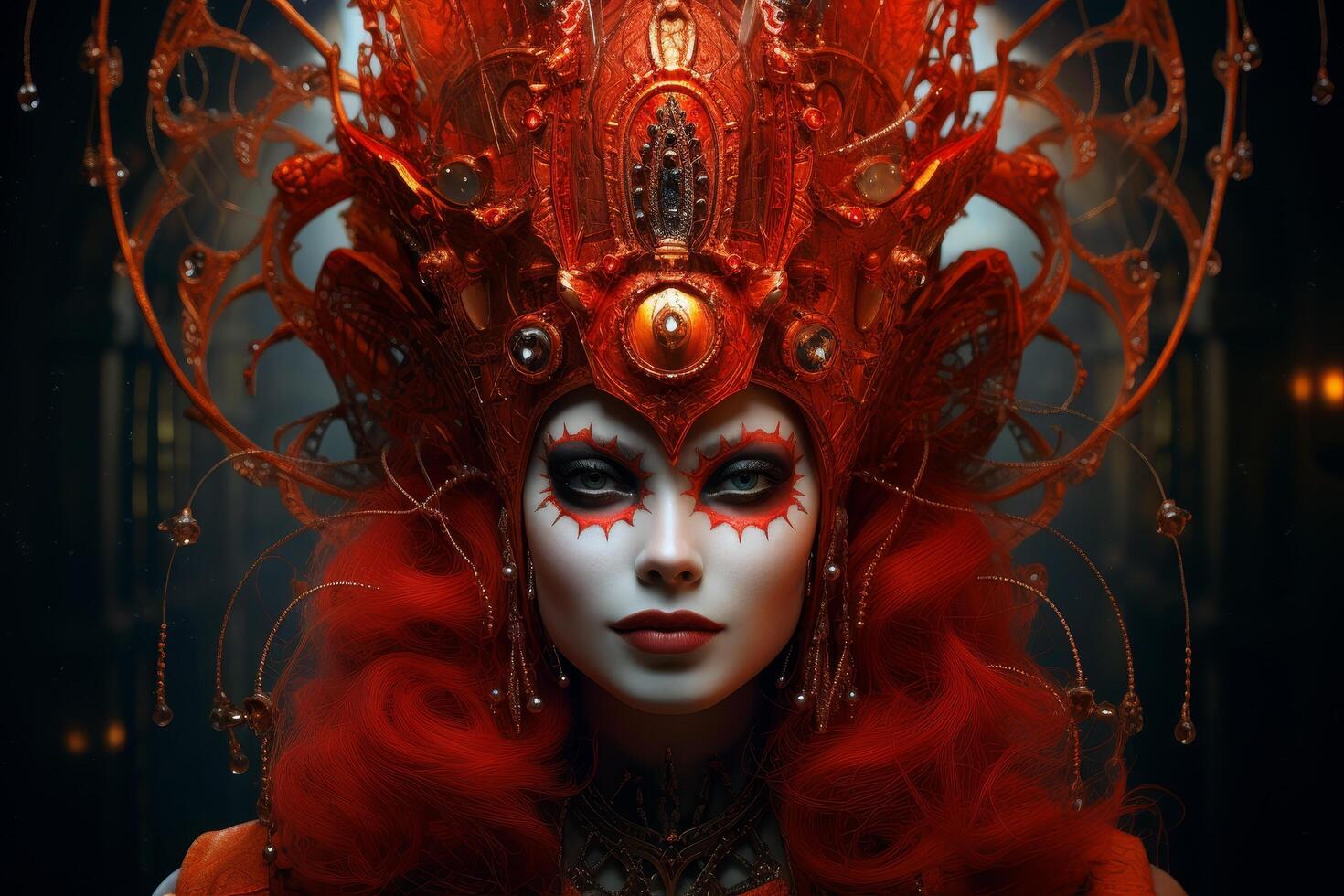 Dramatic fantasy portrait of a mystical woman with elaborate red headdress photo