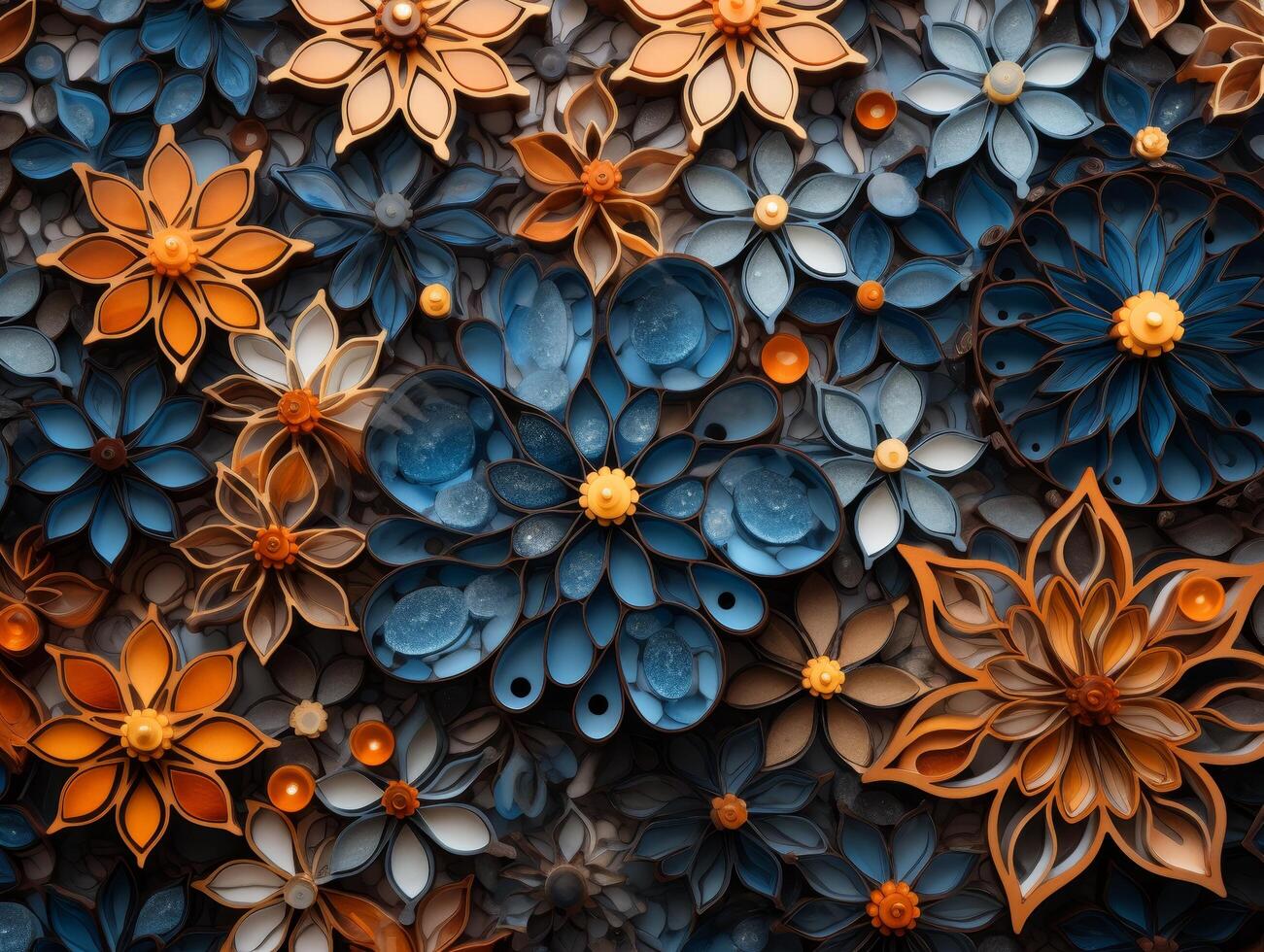 Vibrant floral pattern with orange and blue flowers photo
