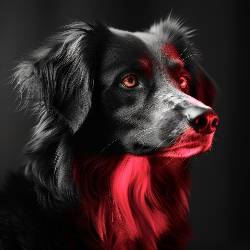 Dramatic portrait of a black and white dog with red highlights photo