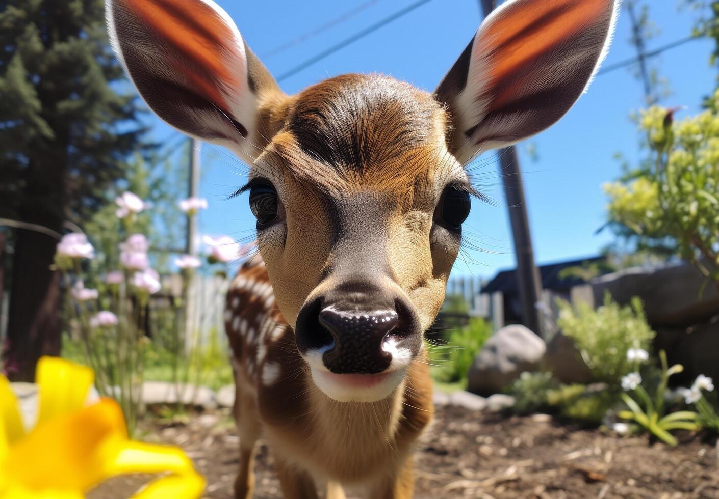 Close up of a curious deer in a garden photo