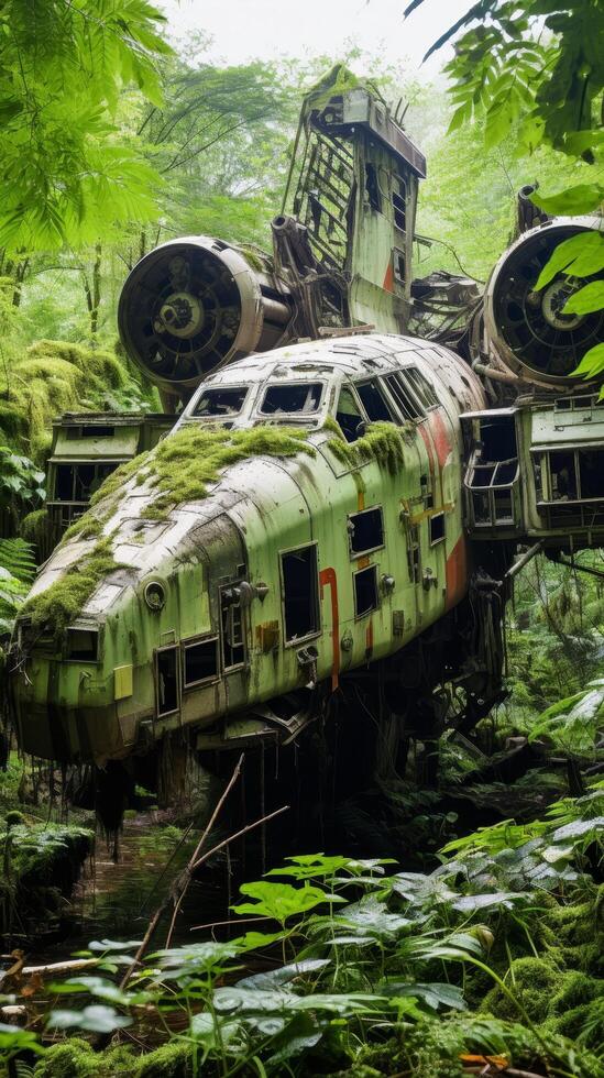 Abandoned futuristic spacecraft in lush jungle environment photo