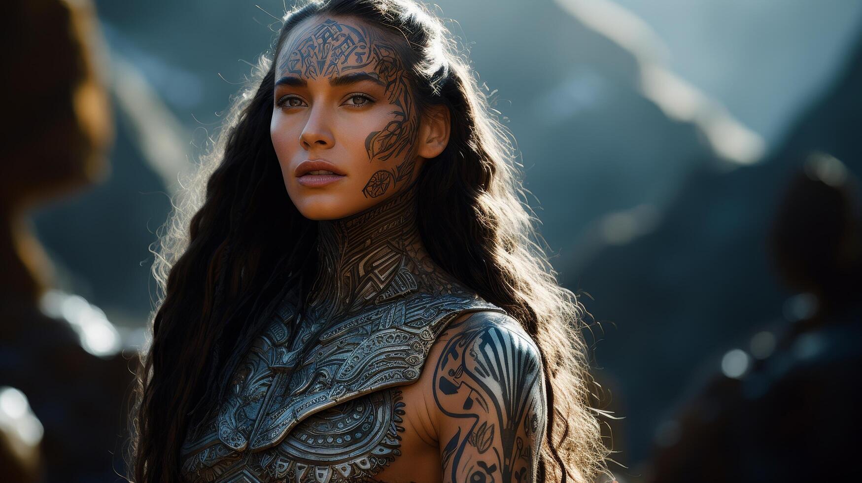 Powerful tribal warrior woman with tattoos and braided hair photo