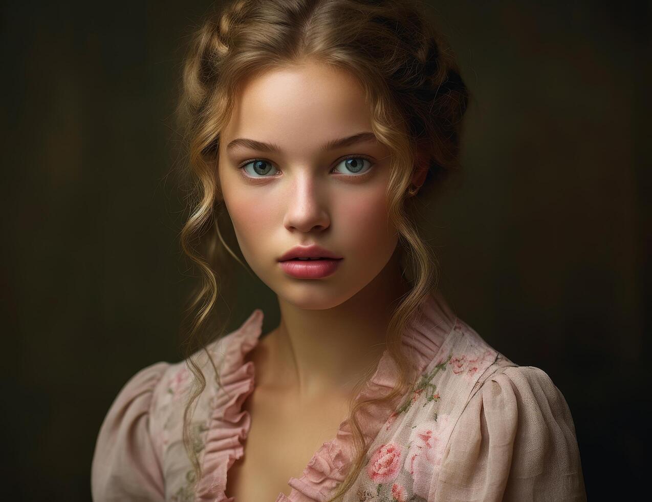 Portrait of a young woman in a pink floral dress photo
