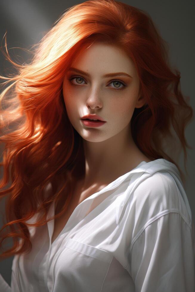 Captivating redhead with flowing hair photo