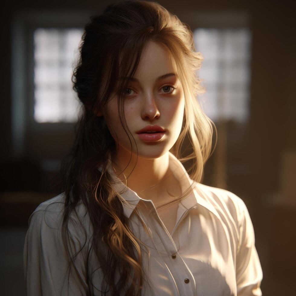 Thoughtful young woman with long wavy hair photo