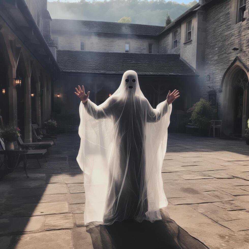Ghostly figure in haunted courtyard photo