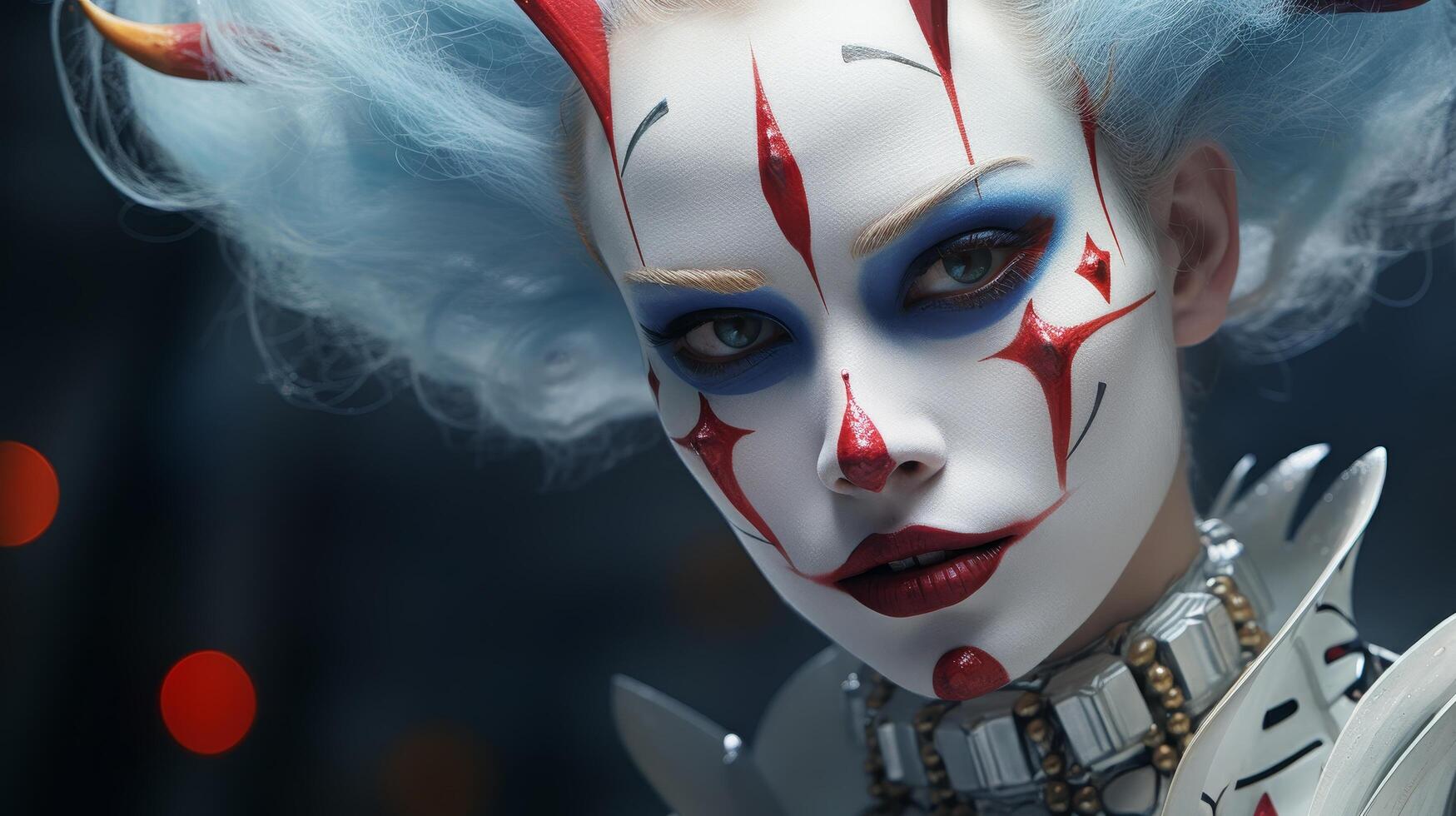 Dramatic clown makeup with red and blue designs photo