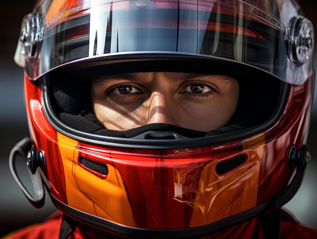 close up of race car driver in red helmet photo