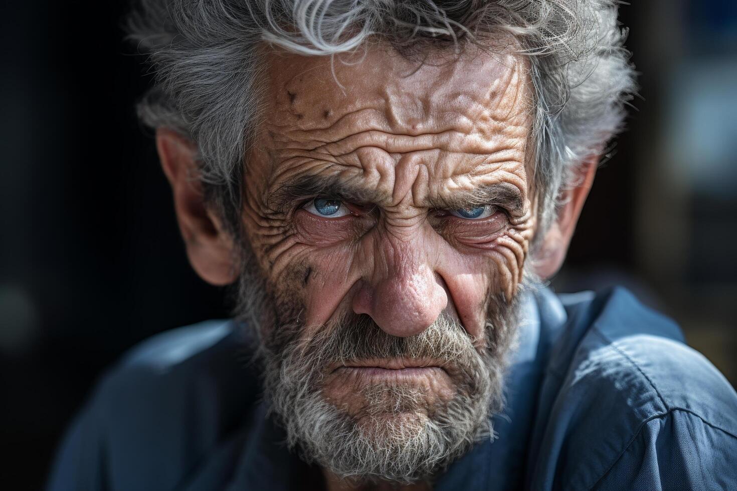Close up portrait of an elderly man with a weathered face and piercing blue eyes photo
