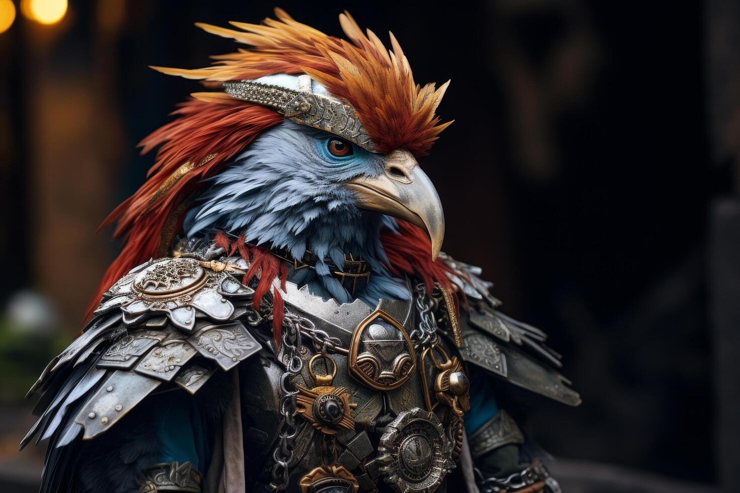 Ornate fantasy bird creature with intricate armor and feathers photo