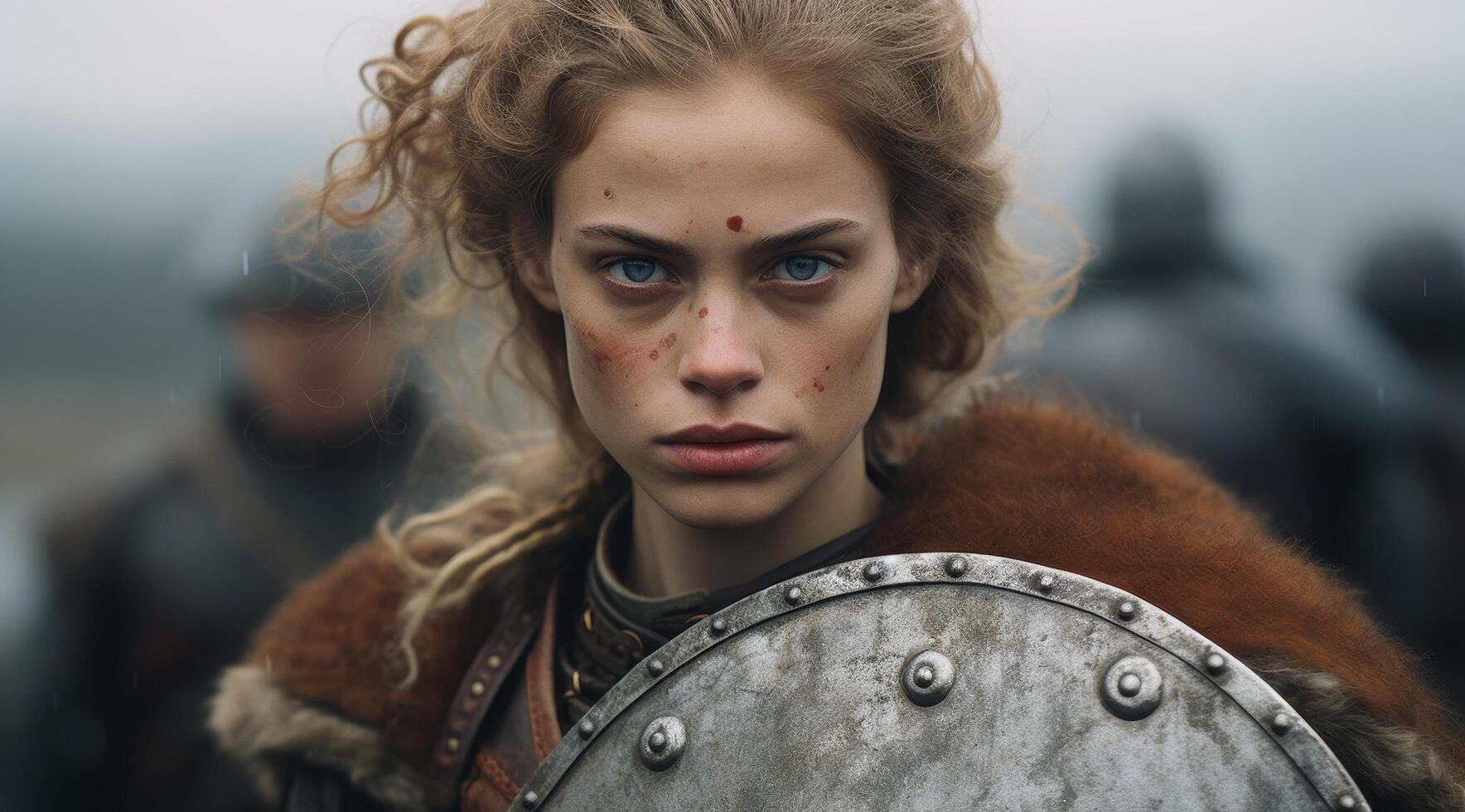 Fierce warrior woman with shield in misty landscape photo