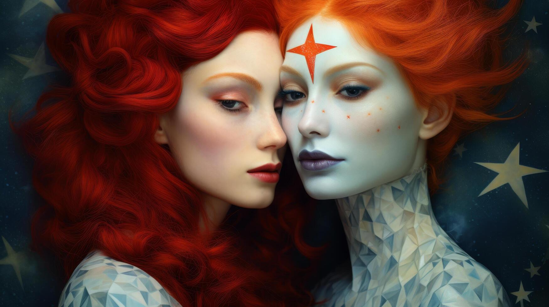 Striking portrait of a woman with vibrant red hair and dramatic makeup photo