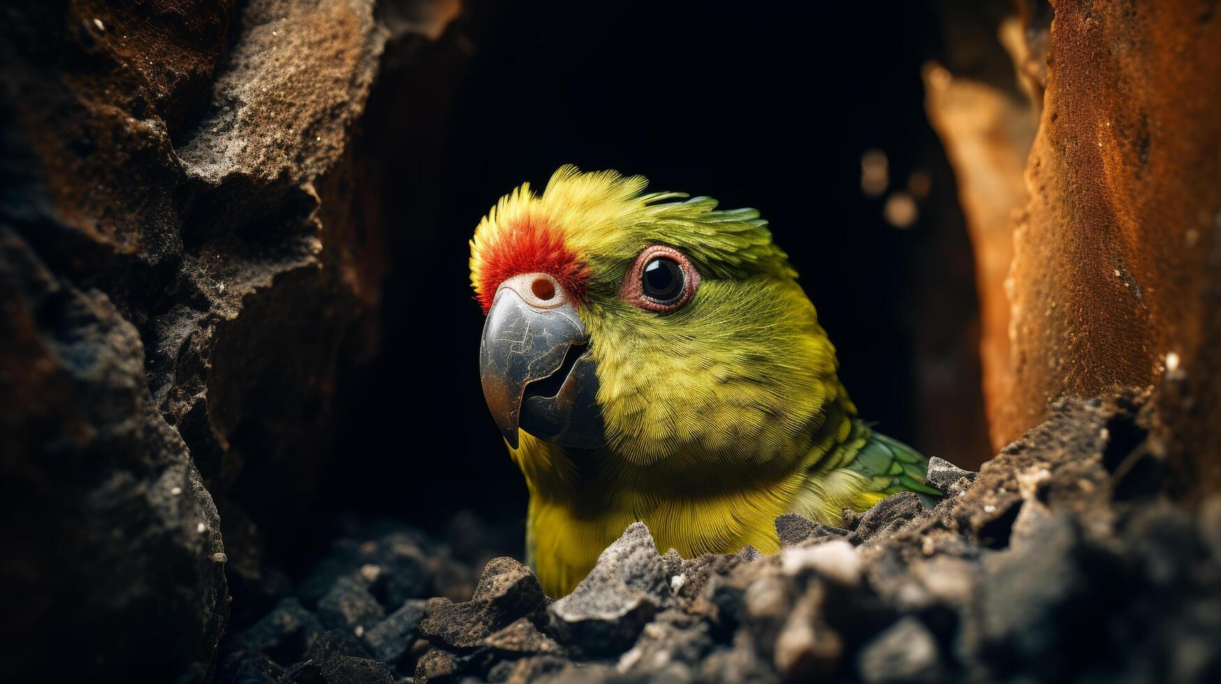 colorful parrot in a dark cave photo