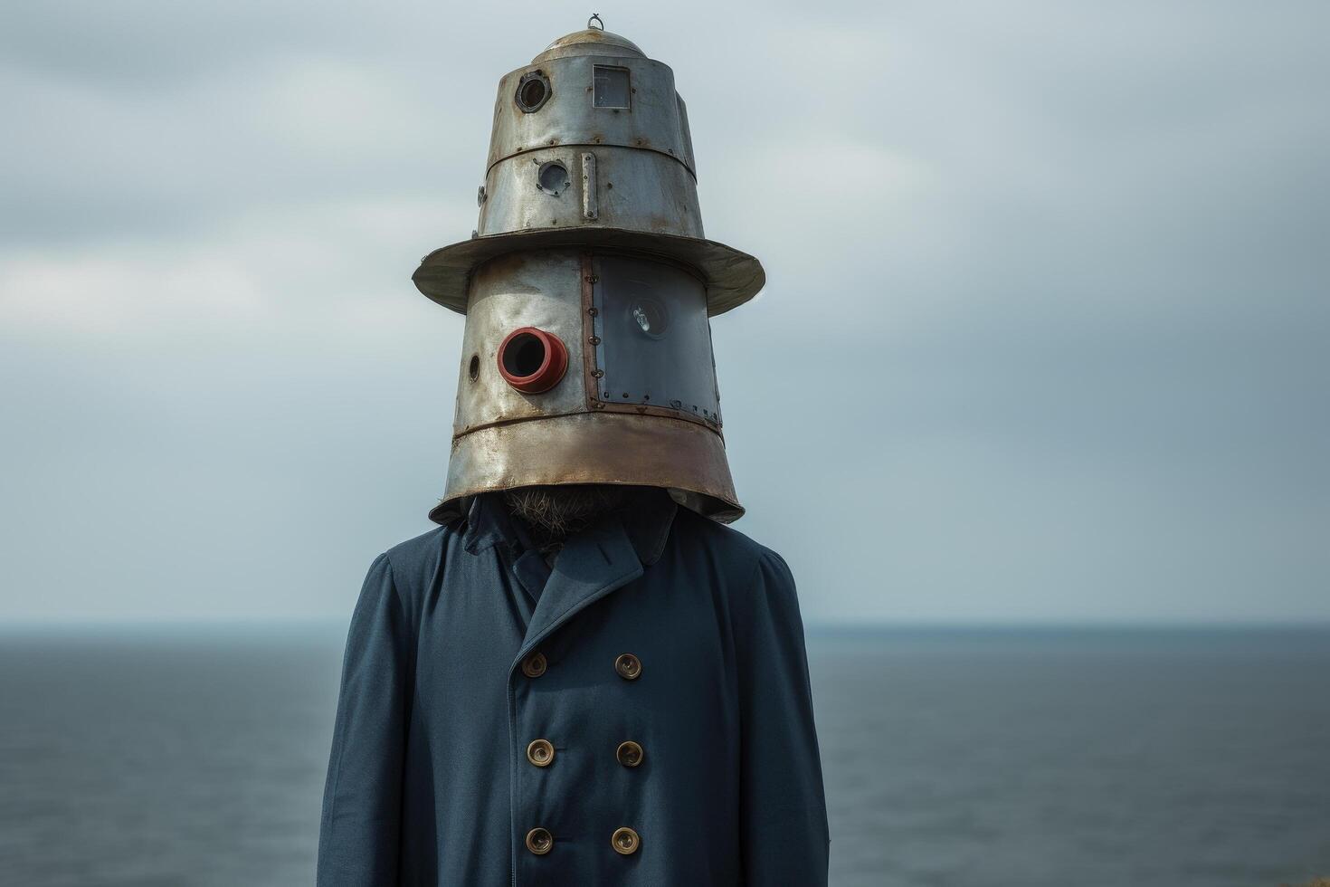 Mysterious figure in vintage spacesuit like helmet standing in front of ocean photo