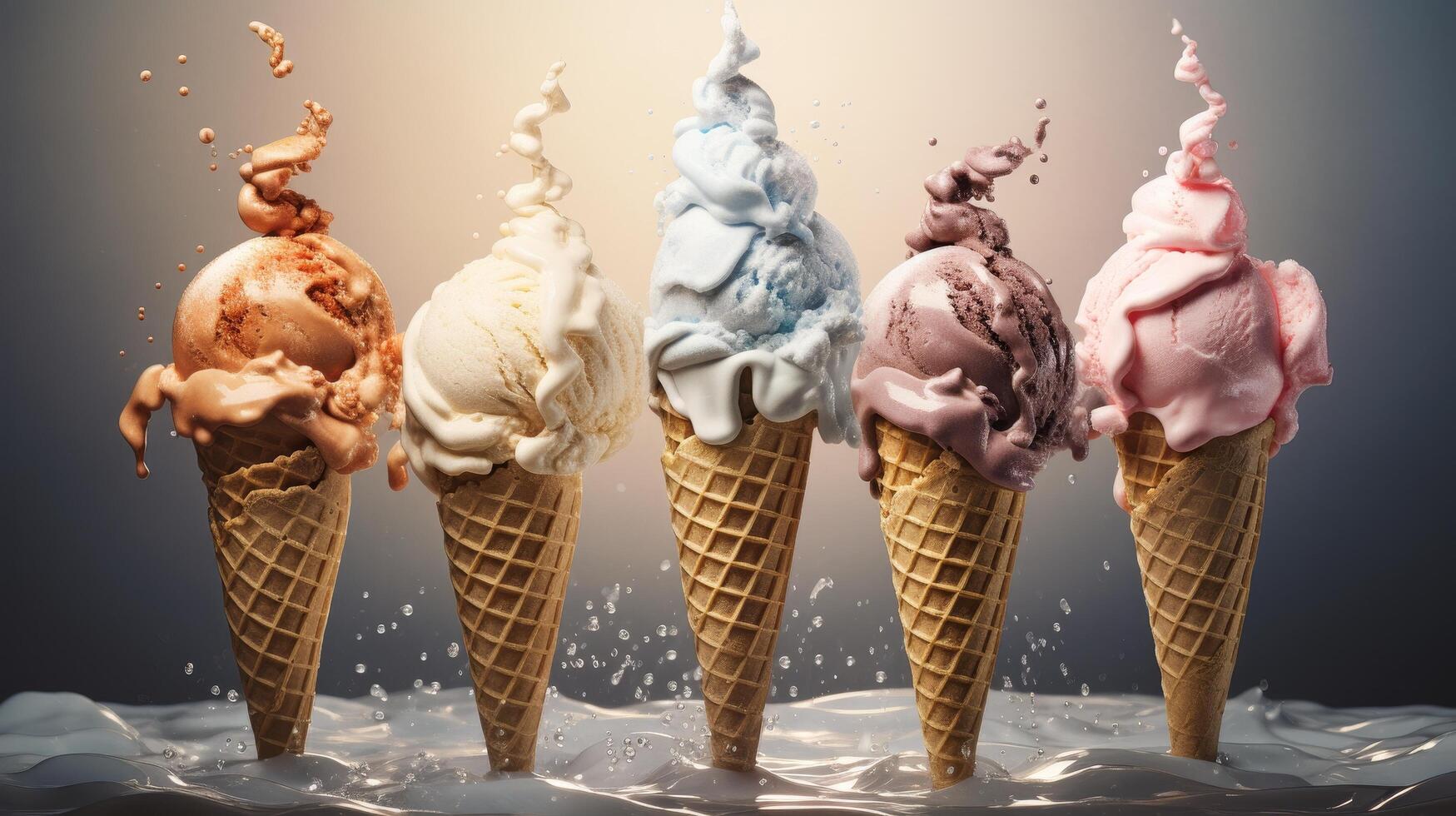 Assortment of colorful ice cream scoops in waffle cones photo