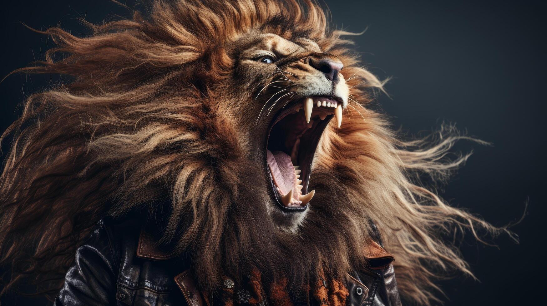 Fierce lion roaring with wind blown mane photo