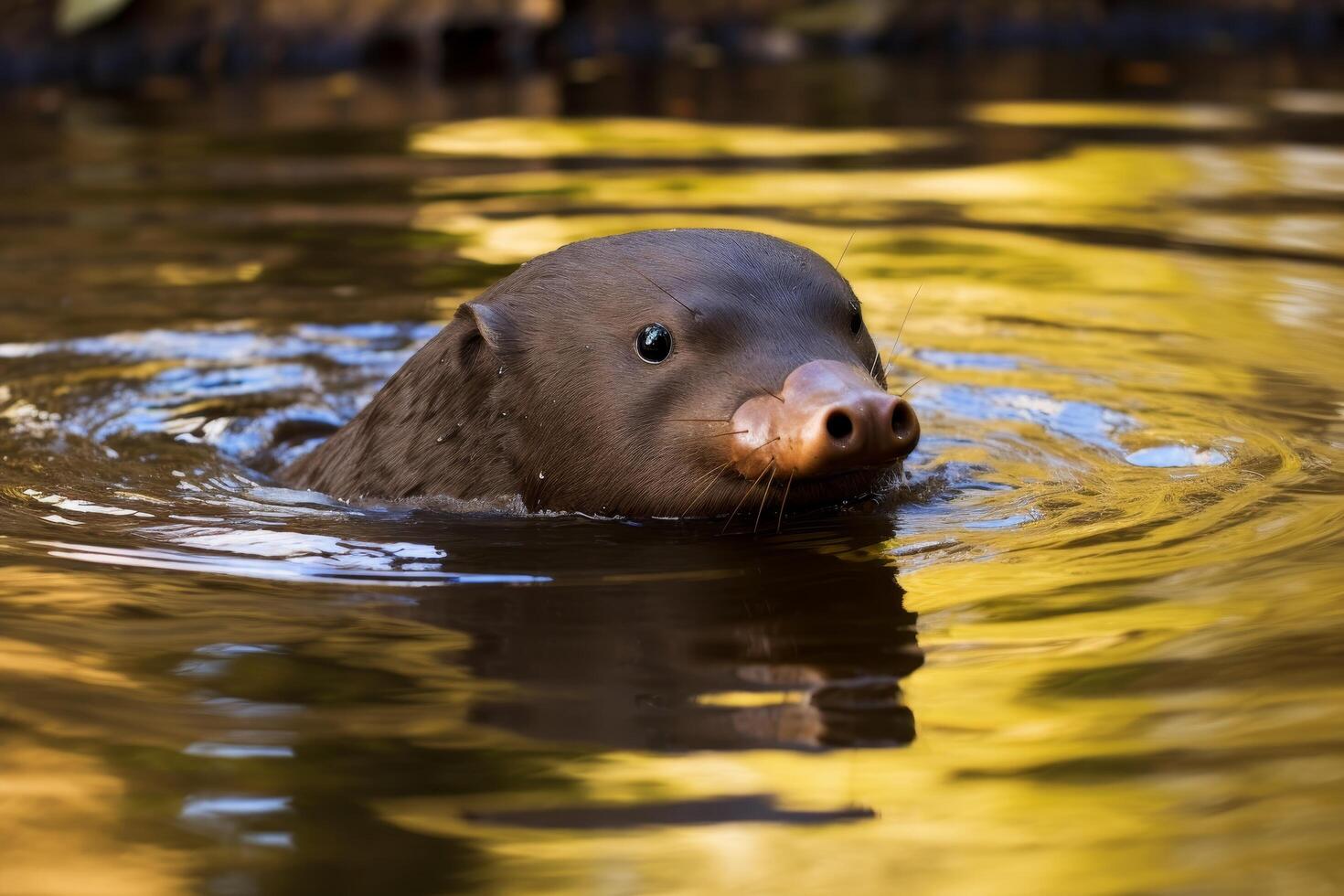 Curious otter swimming in golden water photo