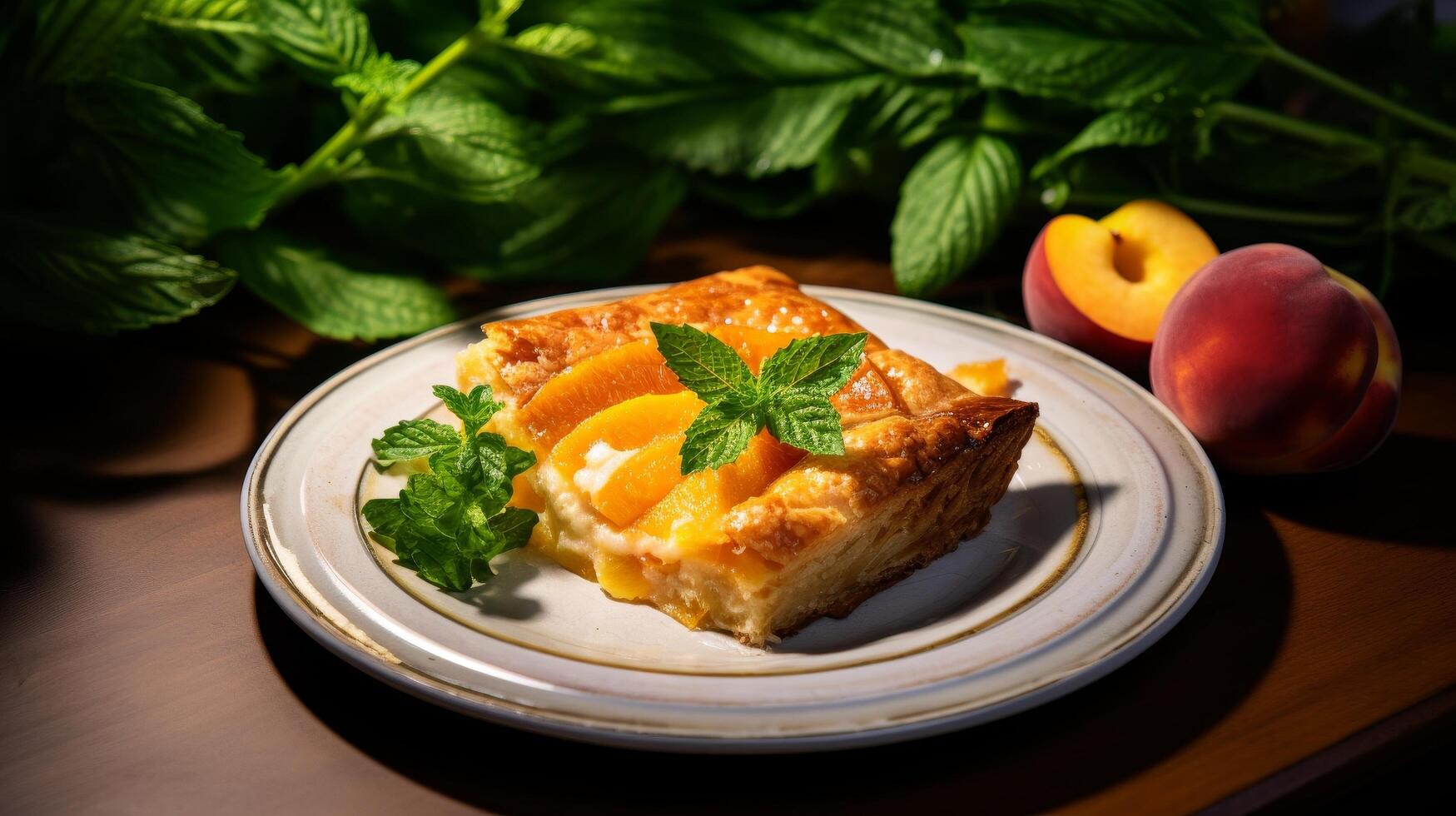 Delicious peach cobbler dessert with fresh mint garnish photo