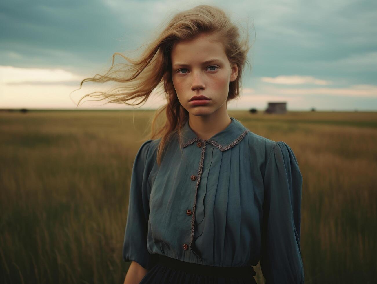 Windswept portrait of a young woman in a field photo