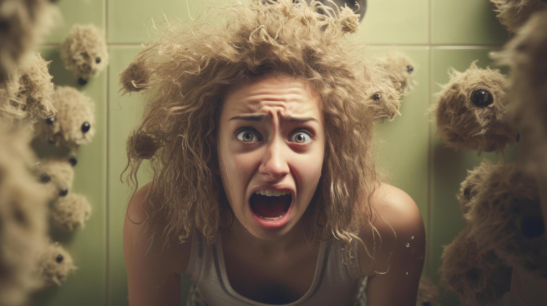 woman with wild curly hair making a surprised facial expression photo