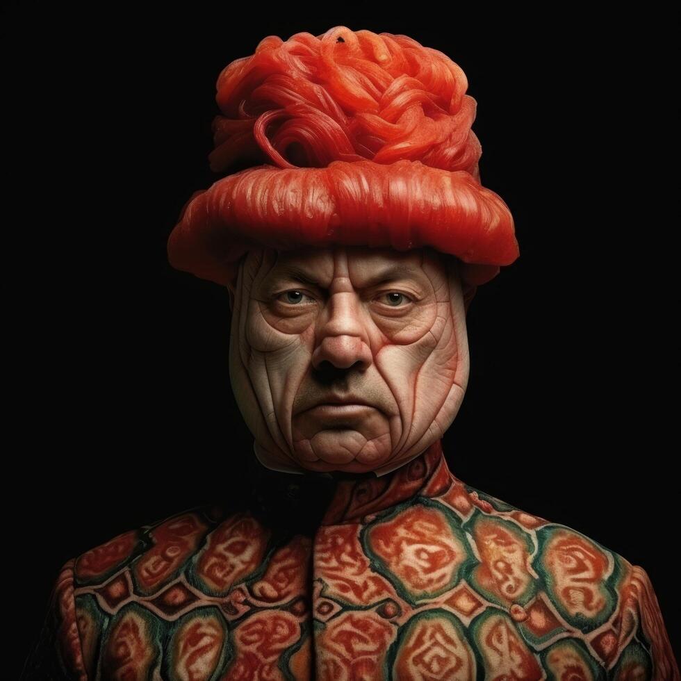 Surreal portrait of a man with a vibrant red wig photo