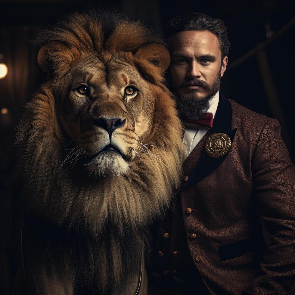 Powerful man with majestic lion photo