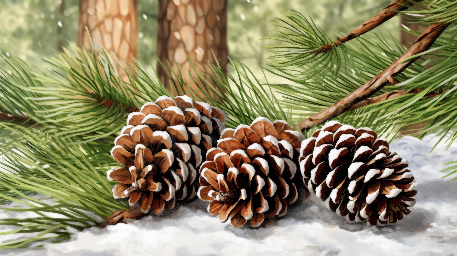 pine cones and branches in snowy forest photo