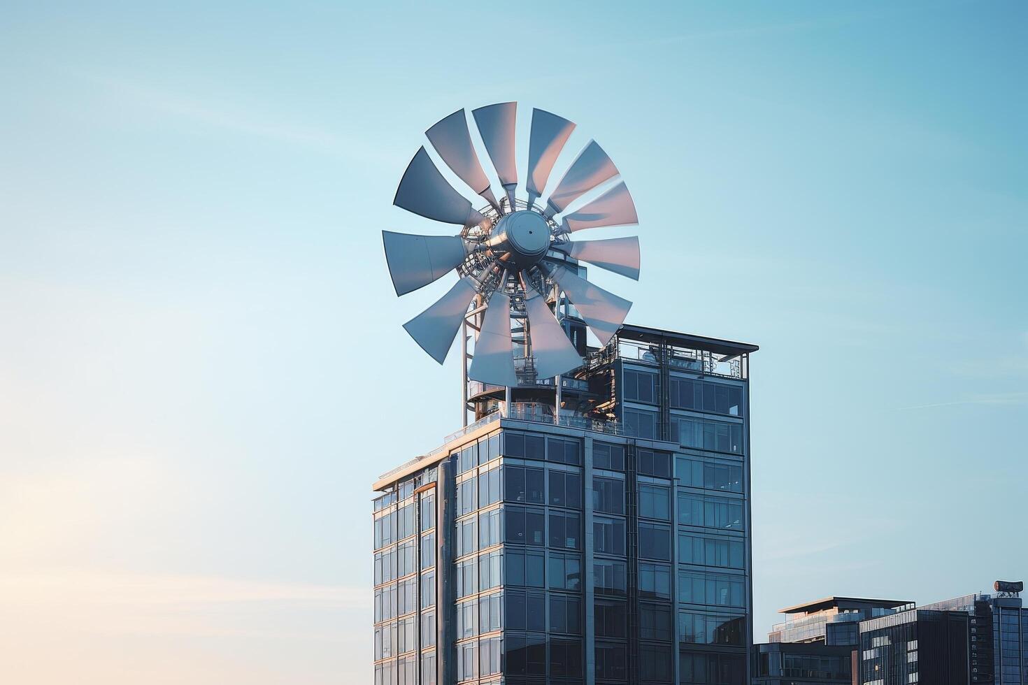 modern building with large wind turbine photo