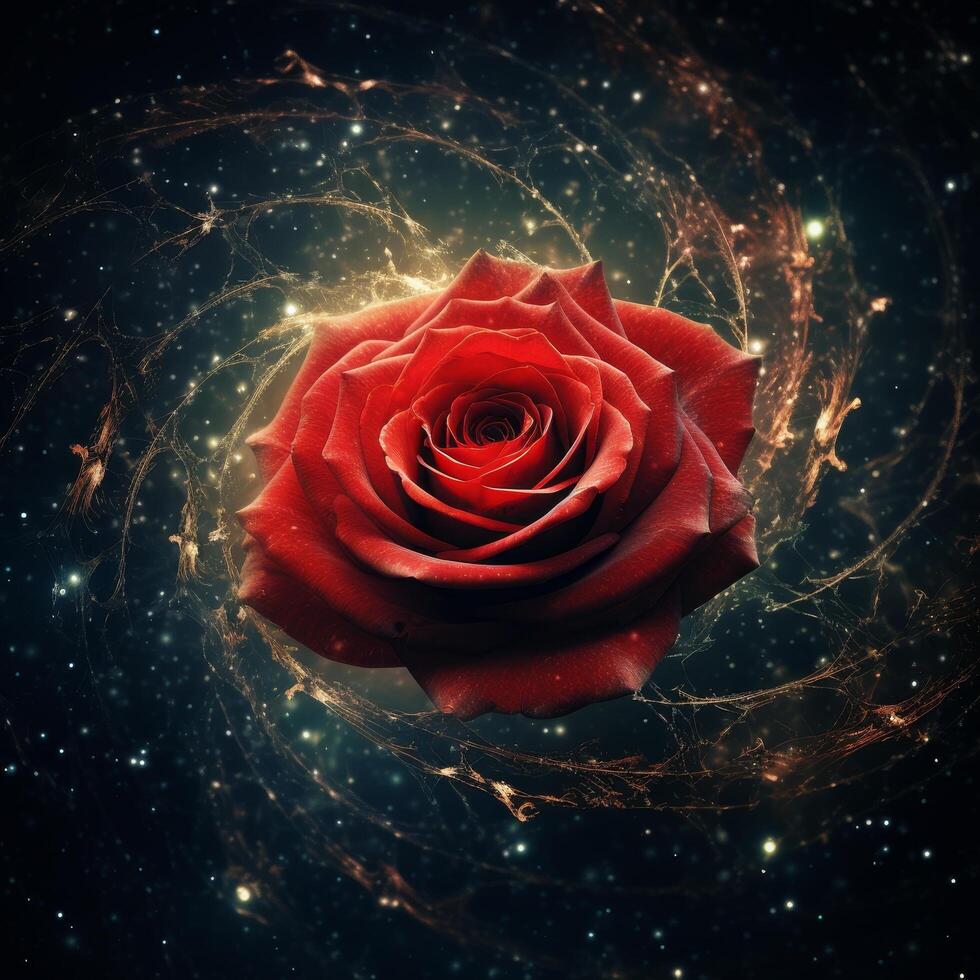 Vibrant red rose in a magical, sparkling environment photo