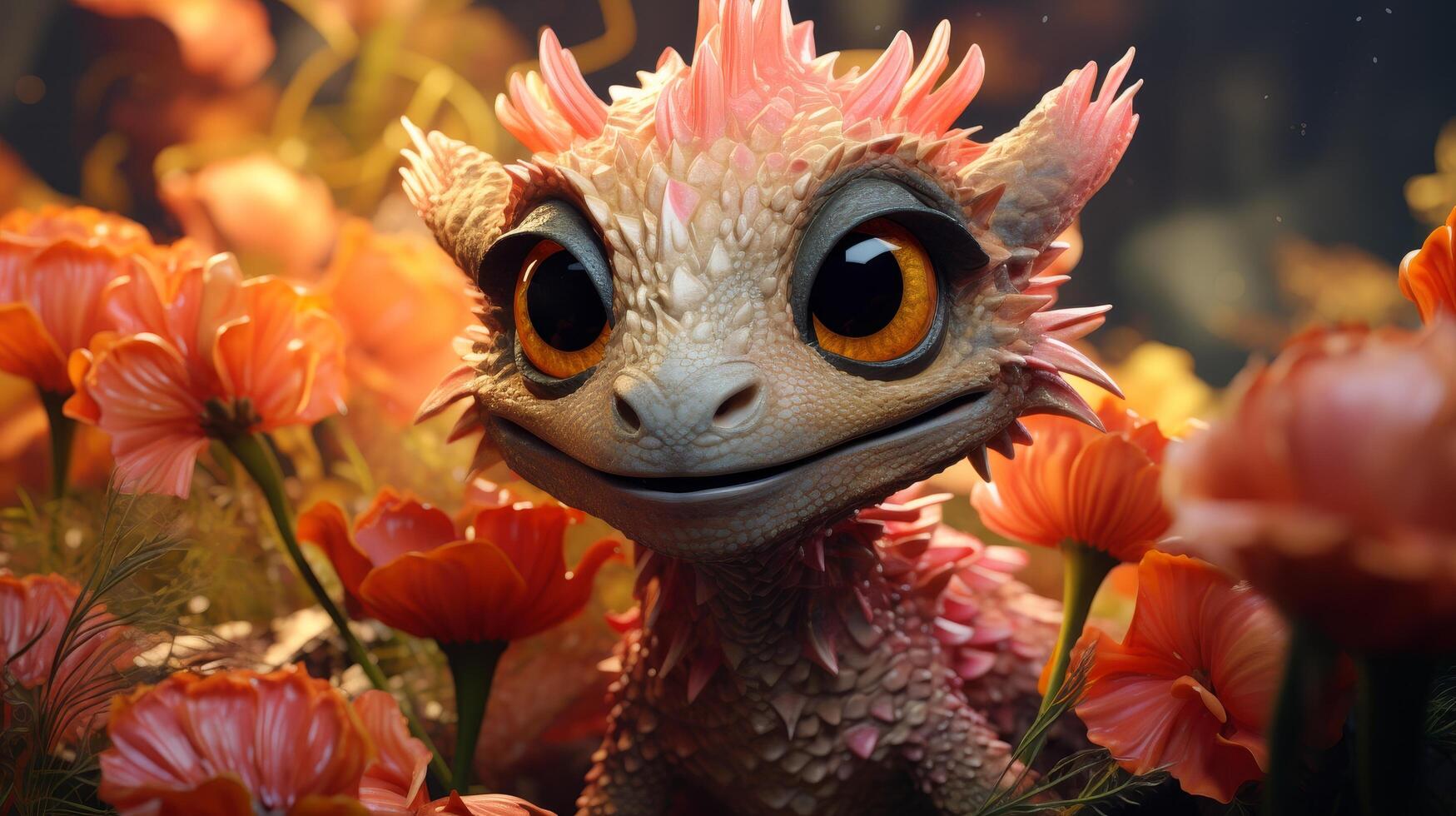 Cute fantasy creature surrounded by vibrant flowers photo
