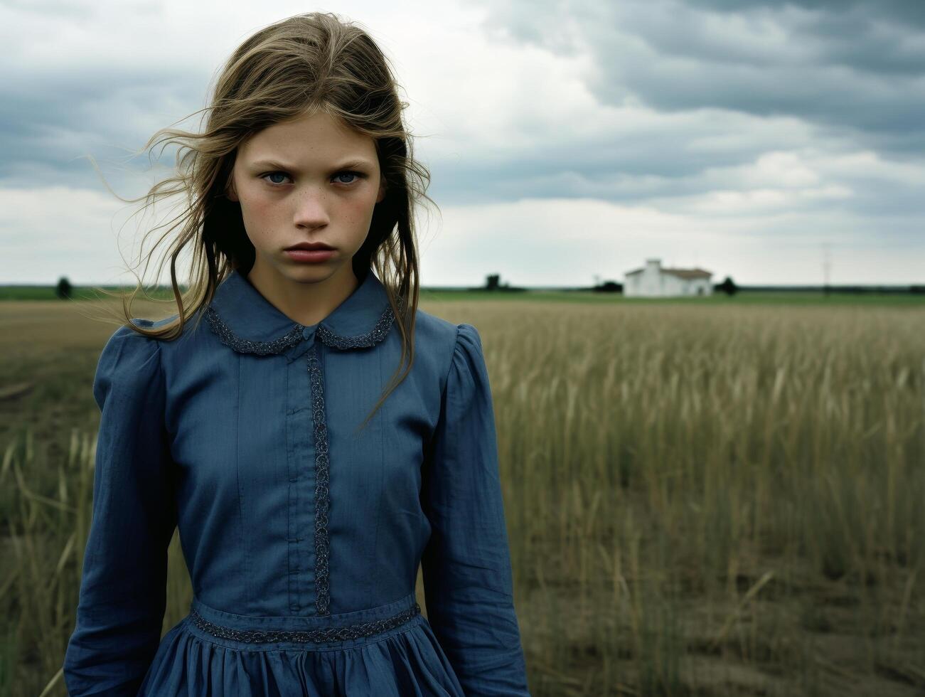 young girl in blue dress standing in field photo