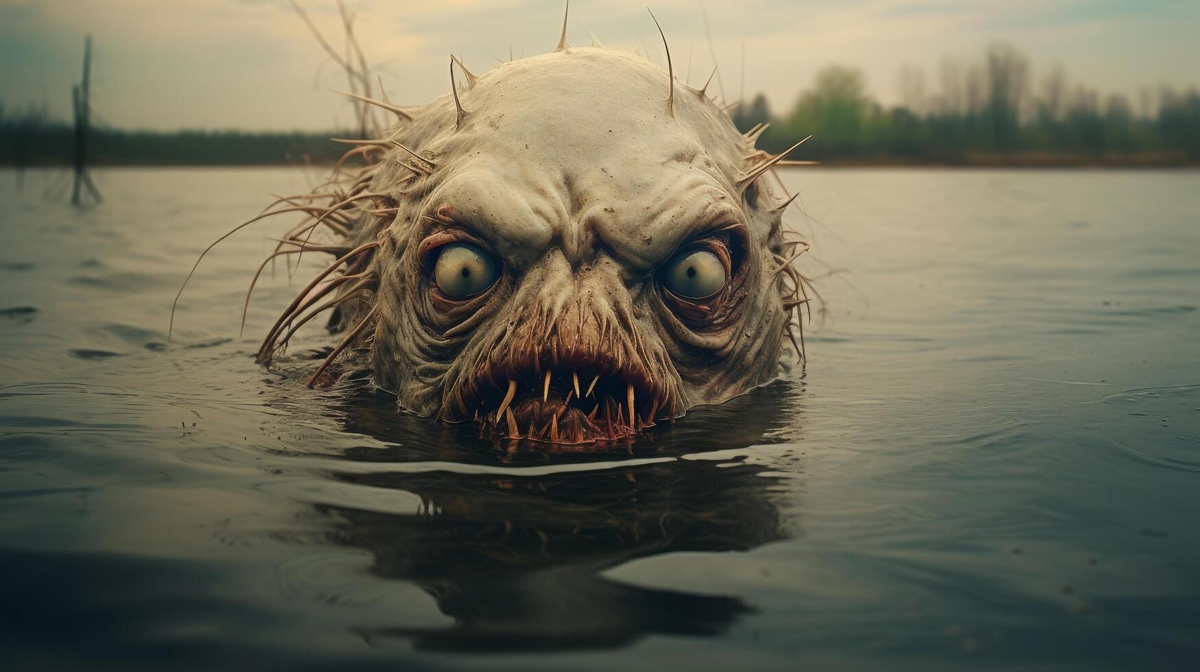 Terrifying creature emerging from the depths of a lake photo