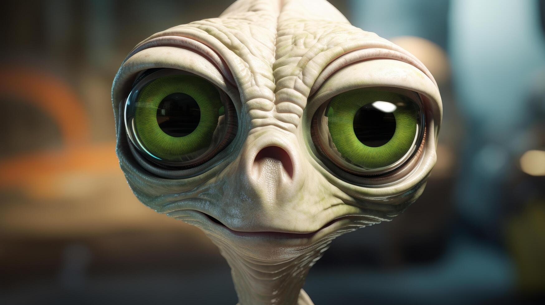 close up of an alien face with large green eyes photo