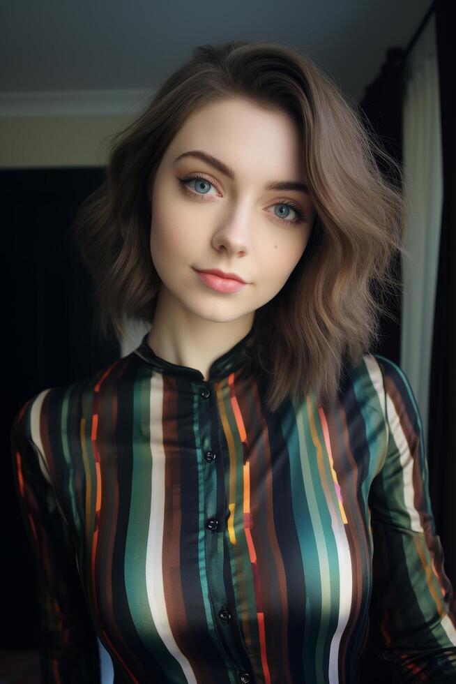 Closeup portrait of a young woman with blue eyes and brown hair photo