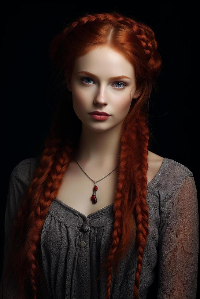 Mysterious redheaded woman with braided hair and dark clothing photo