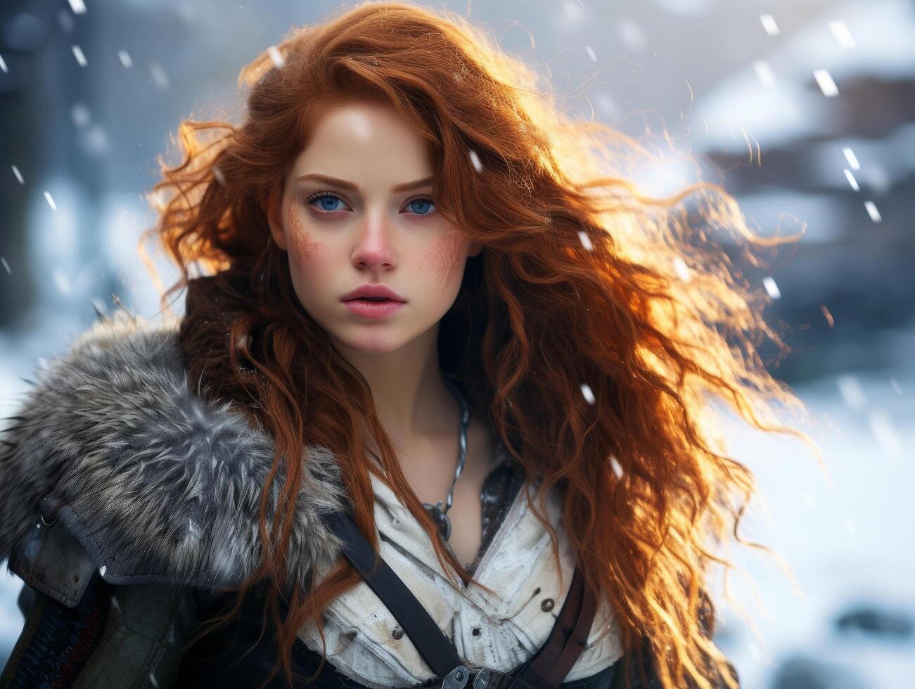 Captivating redhead in winter wonderland photo