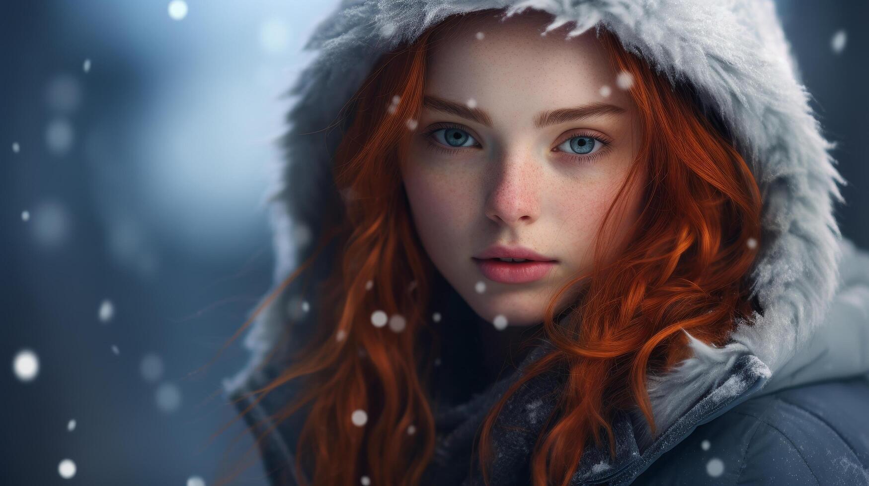 Redheaded woman in winter coat with fur hood photo