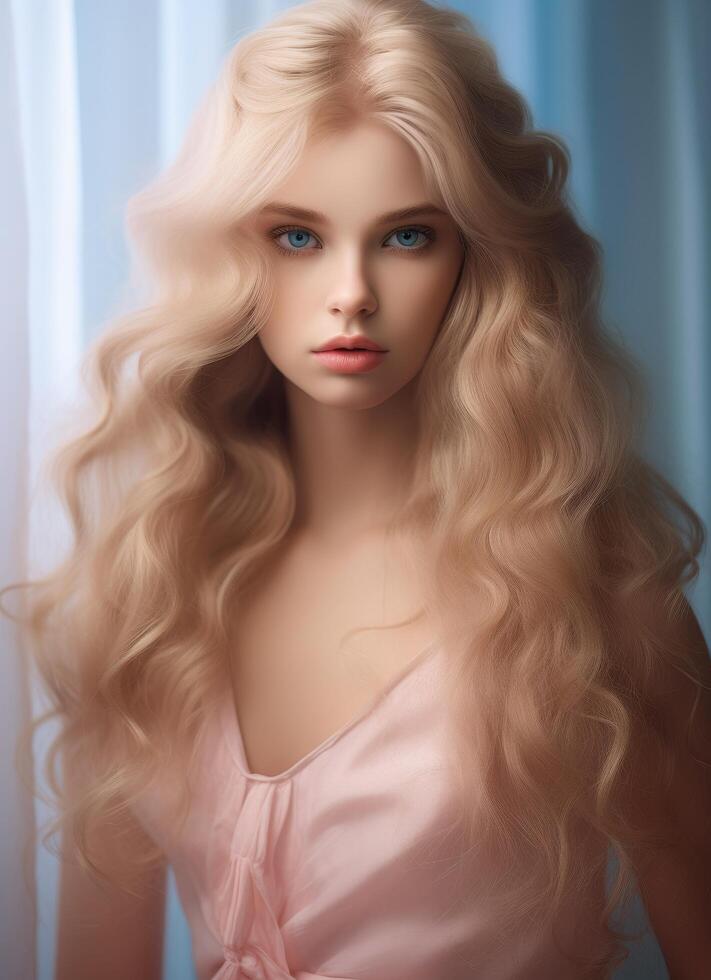 Elegant blonde woman with curly hair photo