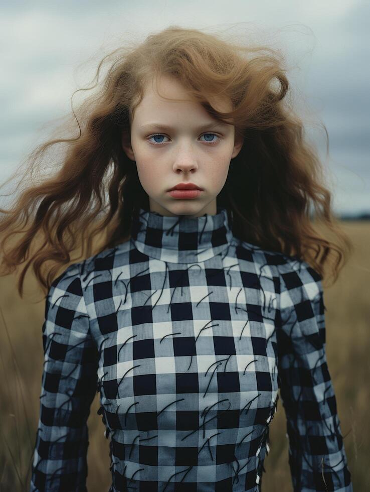 Thoughtful young girl with windblown hair photo