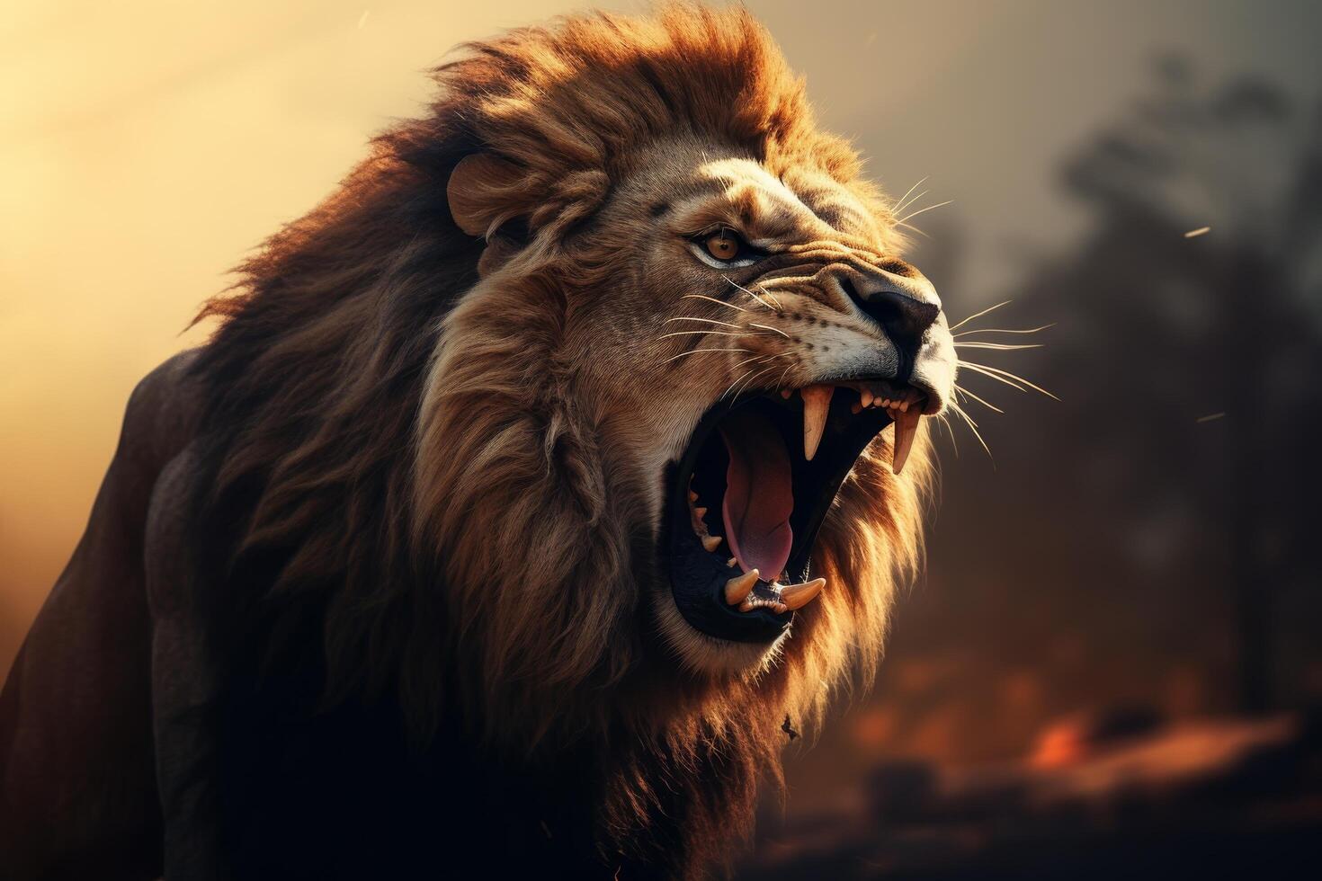 Fierce lion roaring in the wild photo
