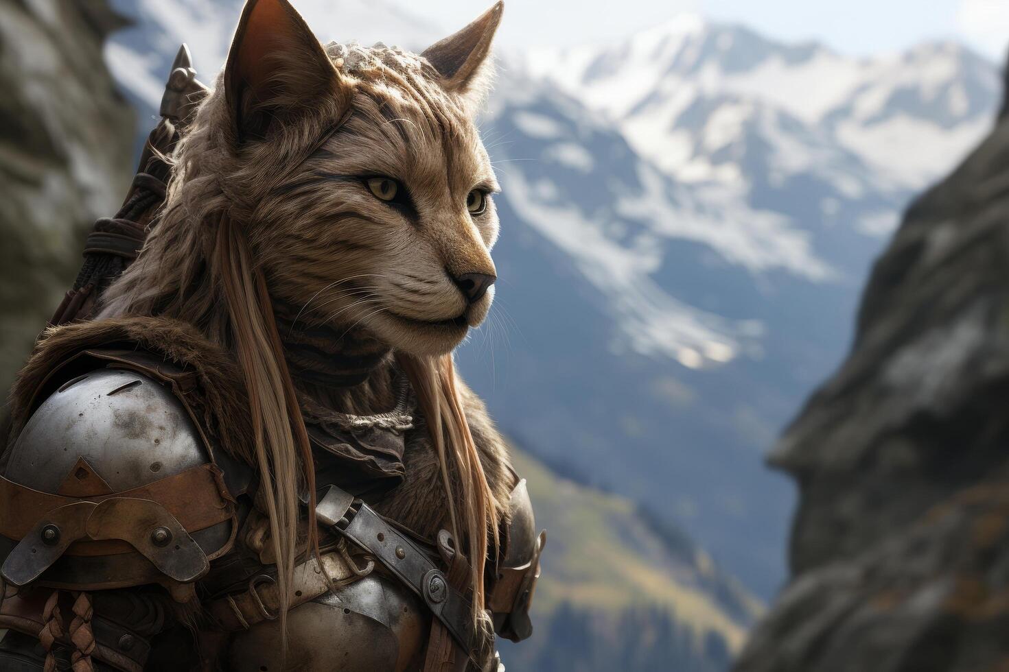Fierce warrior cat in the mountains photo