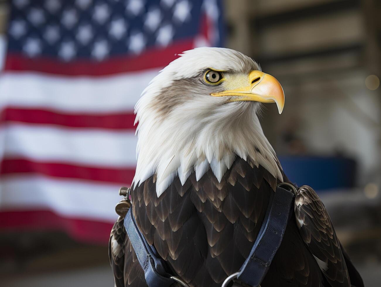 Majestic bald eagle with american flag photo
